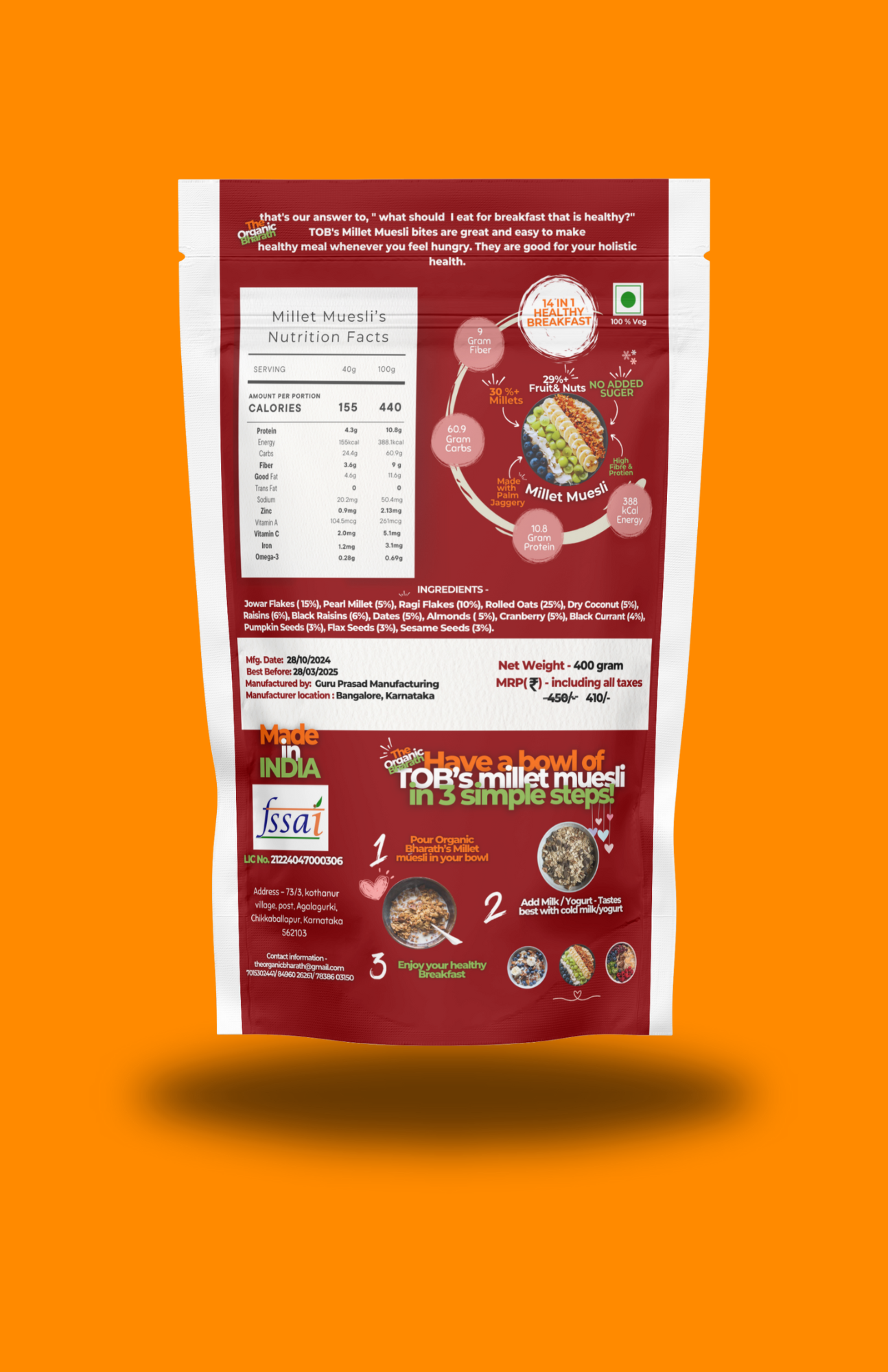 Healthiest Millet Muesli - 0 Added sugar & High Protein (To Make India healthy ) ~ 400 Gram