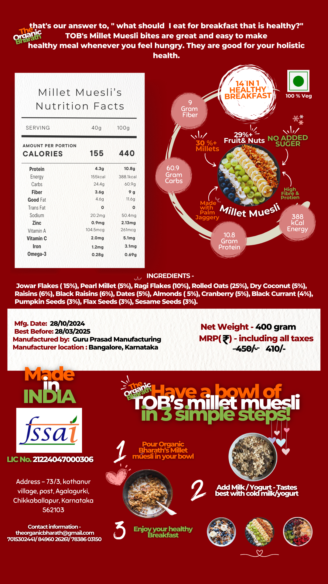 Healthiest Millet Muesli - 0 Added sugar & High Protein (To Make India healthy ) ~ 400 Gram